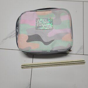 Girls pink, green, orange, and grey camo Justice Exclusive 3/4 zip lunch bag